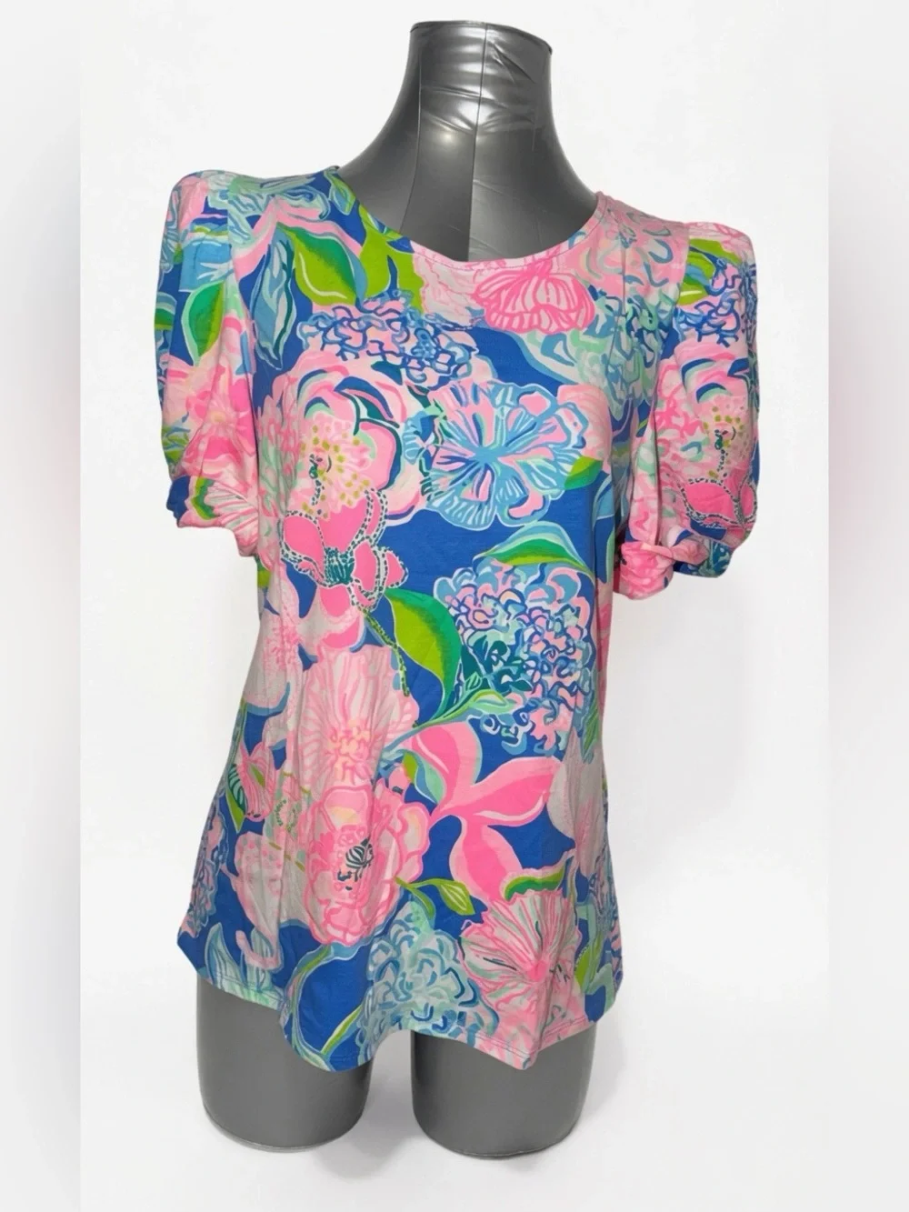 Lilly Pulitzer Floral Puff Sleeve Top Pink Blue Green NWOT